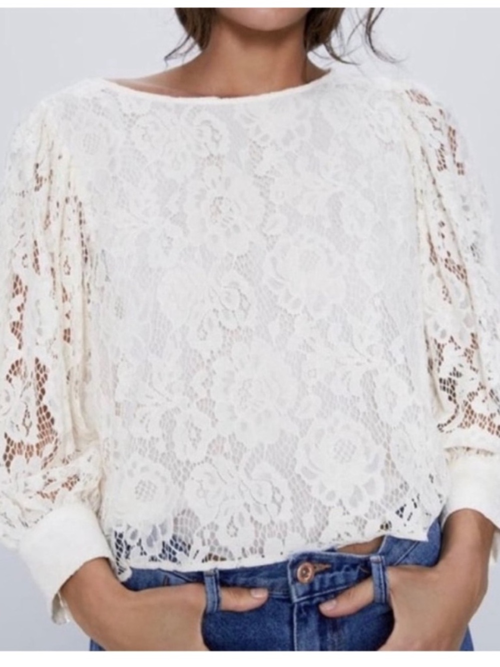 Zara Ivory Floral Lace Cropped 3/4 Length Sleeve Blouse Sm Romantic  Coquette
